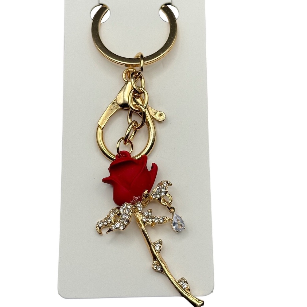 Gold Tone Red Rose Charm Keychain Crystal Accents‎ - Picture 2 of 2